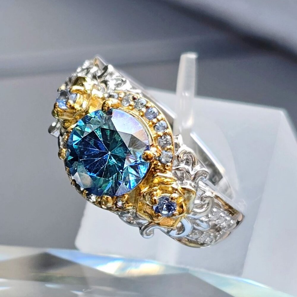 Artisan ✦ Blushing Dewdrop Blue Moissanite Ring ✦ Sapphire 18k Vermeil Bloom